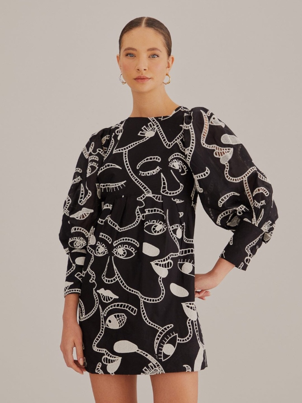 Black Richelieu Faces Mini Dress